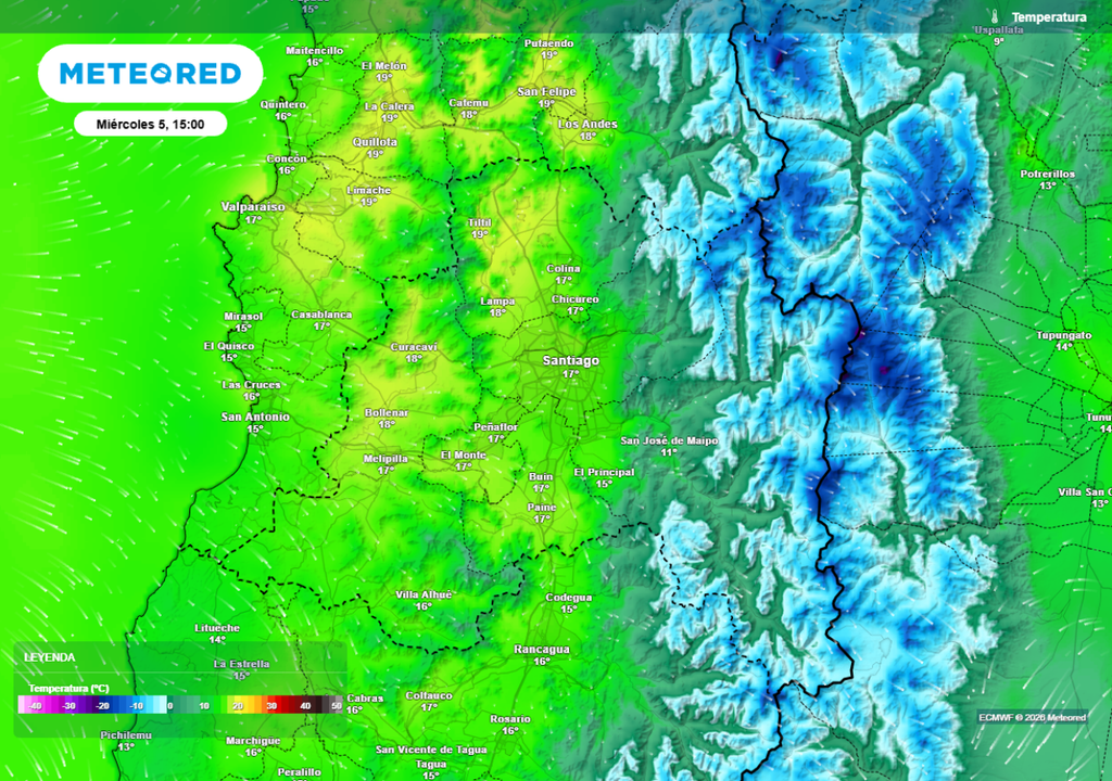 mapa de temperaturas Durante la tarde del miércoles volverán a presentarse temperaturas sobre lo normal, aunque los valores no sobrepasarán los 18 grados.