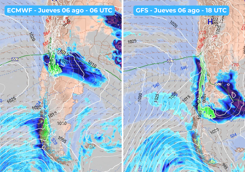 cartas de ECMWF/GFS Los modelos no coinciden en el horario del evento: el ECMWF prevé la llegada del sistema frontal durante la madrugada del jueves y GFS la atrasa hacia la tarde.