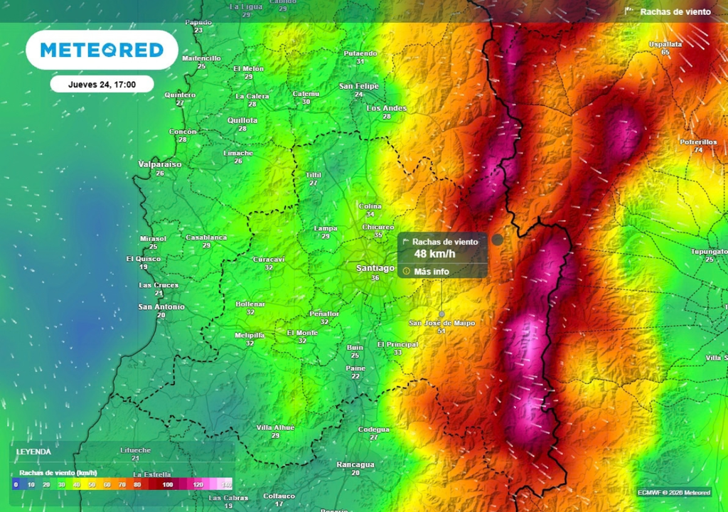 rachas de viento Este jueves se esperan rachas de hasta 50 km/h en precordillera, mientras que en las altas cumbres llegarían al menos a los 80 km/h.