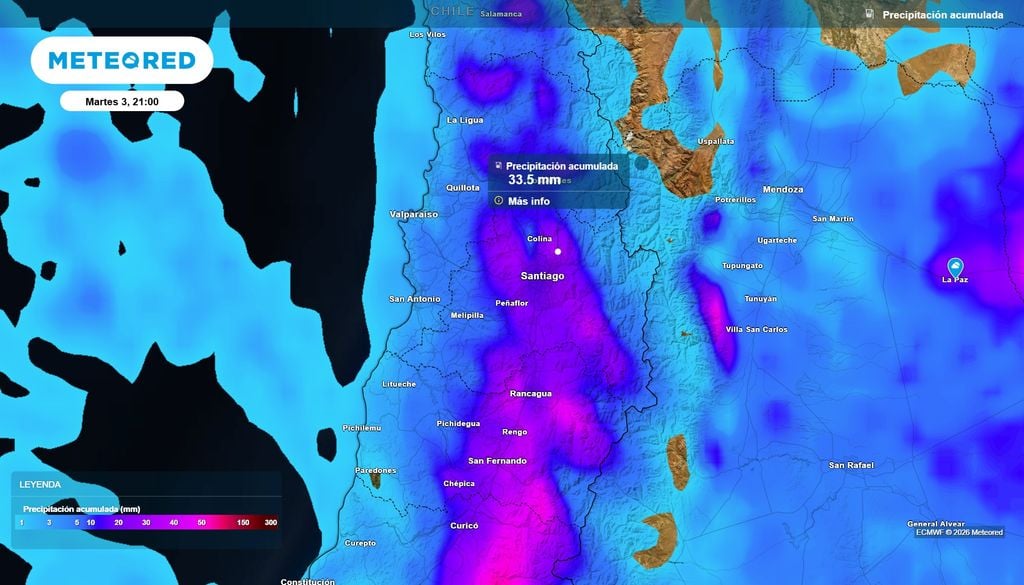 Precipitación acumulada En los próximos días la RM seguirá acumulando lluvias principalmente en zonas precordilleranas y del sector oriente.