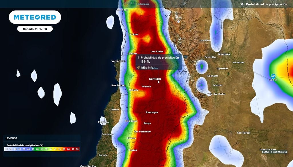 Probabilidad Altísima probabilidad de lluvias durante esta tarde y noche en Santiago y la Región Metropolitana.