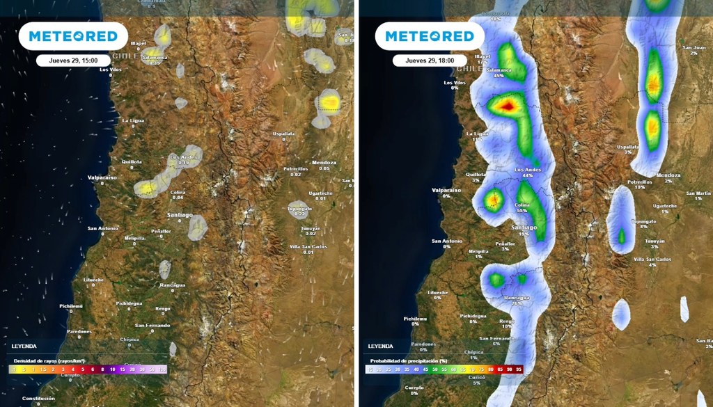 densidad de rayos y probabilidad de precipitaciones Este jueves se podría registrar probable actividad eléctrica sectorizada y no se descartan chubascos en la tarde.