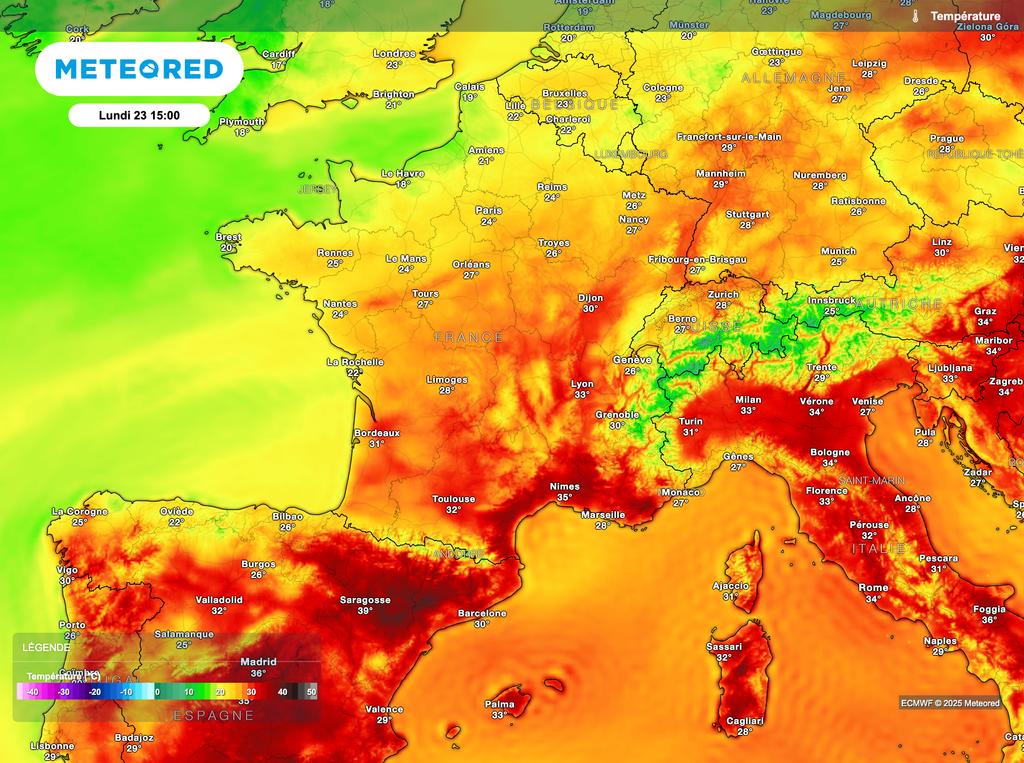 Chaleur modérée sur une grande partie de la France lundi après-midi ou un peu de fraîcheur vers les côtes du nord-ouest. Chaleur modérée sur une grande partie de la France lundi après-midi ou un peu de fraîcheur vers les côtes du nord-ouest.