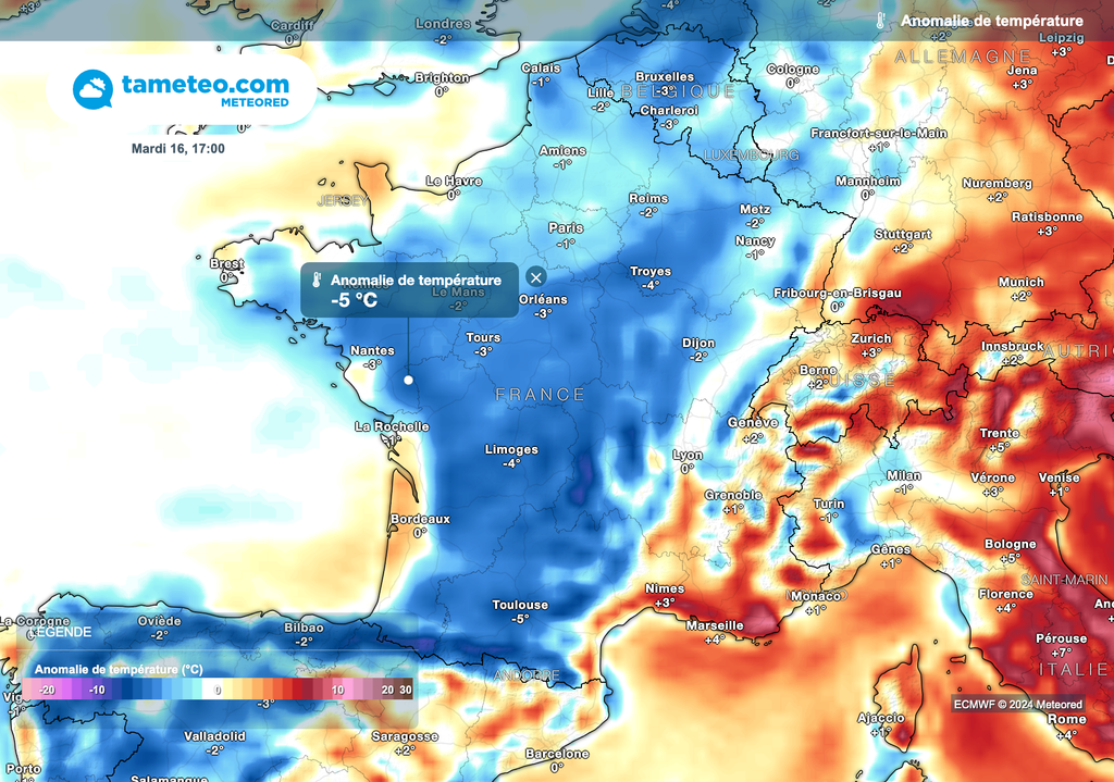 Forte baisse des températures cet après-midi en France.