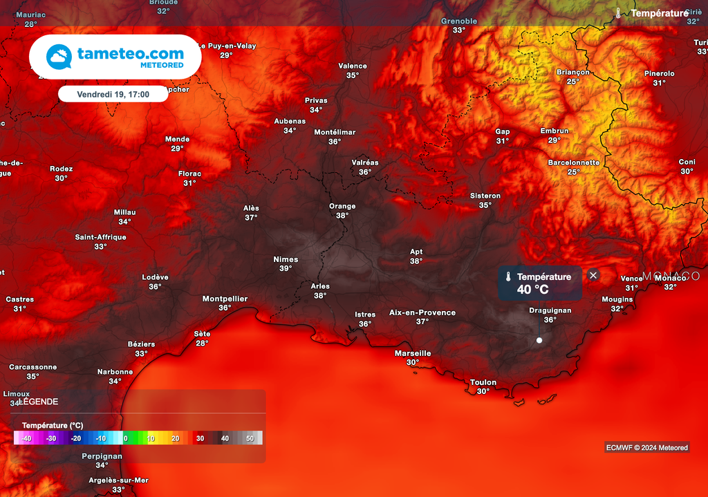 Près de 40 degrés dans le sud-est de la France vendredi après-midi !
