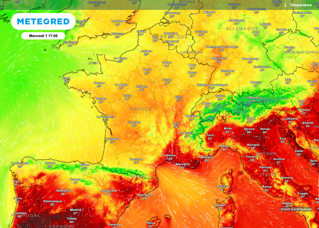 Une chaleur modérée en général mais forte à très forte près de la grande bleu et en Vallée du Rhône.