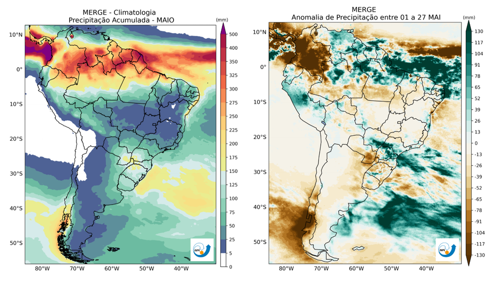 Precipitação média climatológica em maio (esquerda) e anomalia de precipitação entre 1 e 27 de maio. Créditos: CPTEC/INPE.