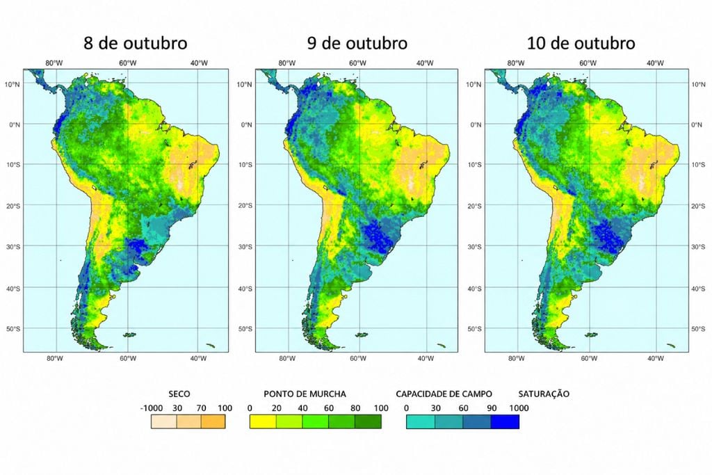 Previsão de umidade do solo para 8, 9 e 10 de outubro, com áreas mais úmidas no Sul do Brasil.