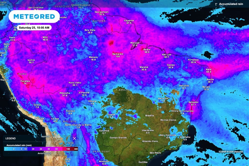 Chuva acumulada prevista para os próximos dias destaca volumes mais elevados entre o norte do Nordeste e parte do MATOPIBA, com contraste importante entre áreas mais úmidas e setores de menor precipitação.