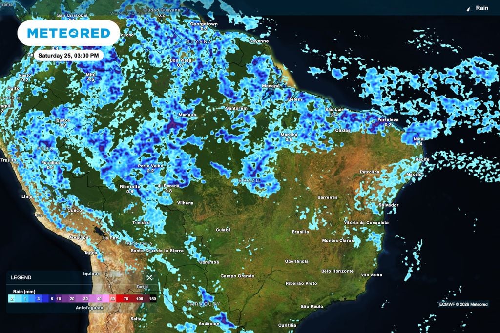 Chuva prevista para a tarde de sábado mostra a manutenção de instabilidades sobre o Norte e parte do MATOPIBA, com volumes irregulares que ajudam a explicar o contraste do feijão entre Piauí e Bahia.