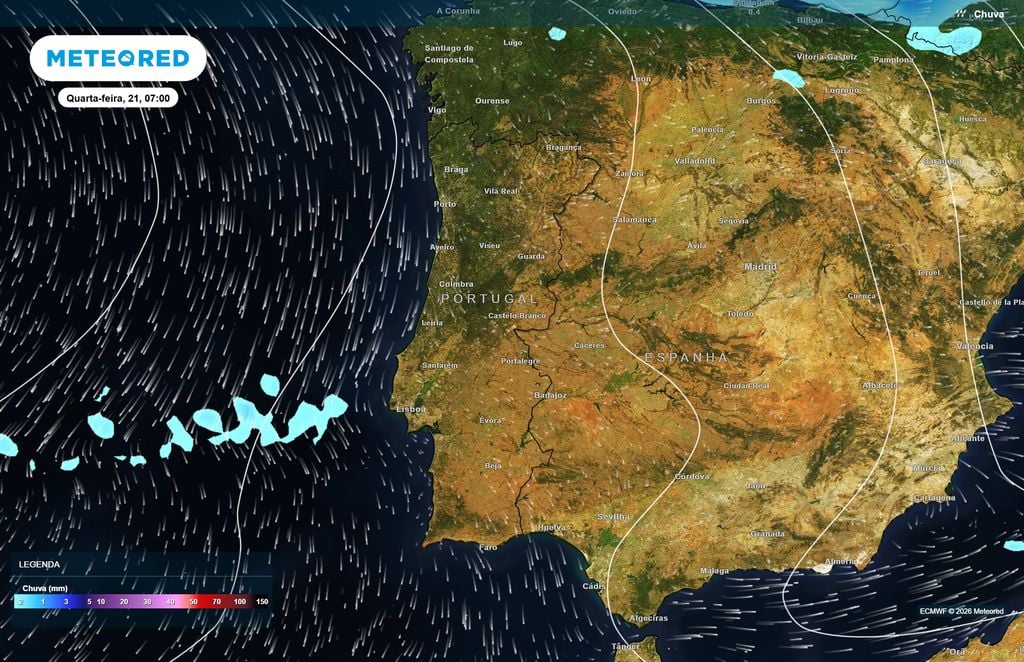 Chuva concentra-se sobre o Atlântico durante a manhã O ECMWF prevê pequenos núcleos de precipitação a oeste e sudoeste de Portugal continental, sem chuva significativa sobre a generalidade do território às 7h.