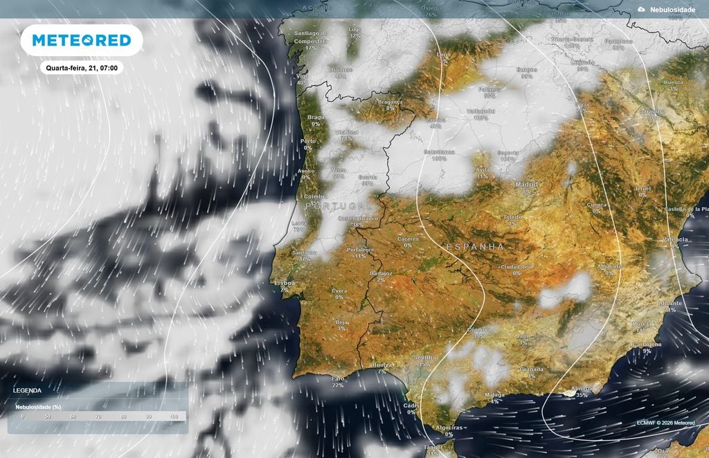 Interior Norte e Centro com maior nebulosidade durante a manhã O modelo europeu prevê cobertura de nuvens elevada em algumas zonas do interior Norte e Centro, enquanto várias regiões do litoral e do Sul apresentam céu pouco nublado.