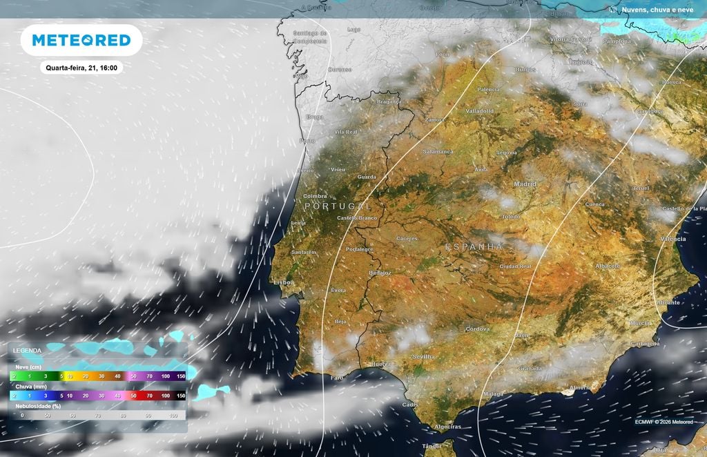 ECMWF aponta para probabilidade de precipitação muito reduzida A previsão do modelo europeu indica probabilidades de precipitação próximas de 0% nas localidades representadas, reforçando a tendência para uma tarde sem chuva significativa.