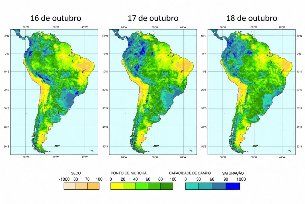 solo, umidade, paraná Previsão de umidade do solo entre 16 e 18 de outubro, com maior saturação em áreas do Centro-Sul do Brasil e do oeste da Amazônia.