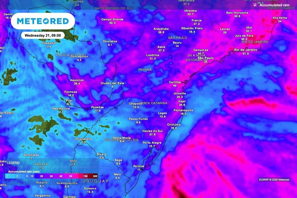 chuva, acumulada, previsão Previsão de chuva acumulada até quarta-feira (21), às 9h