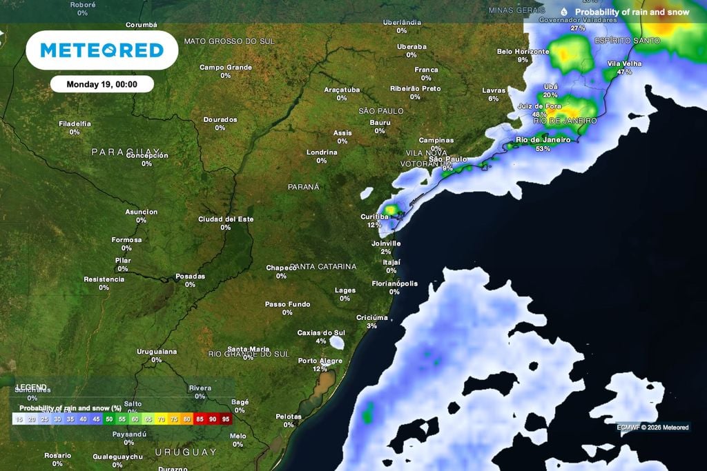 probabilidade, chuva Previsão de probabilidade de chuva para segunda-feira (19), à meia-noite.