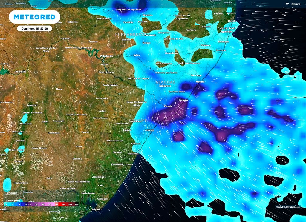 Mapa de precipitação prevista para a noite de domingo (15). Mapa de precipitação prevista para a noite de domingo (15).