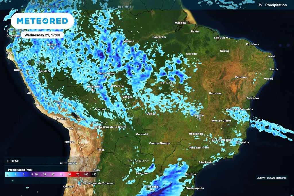 precipitação, chuva Previsão de chuva para quarta-feira (21), às 17h.
