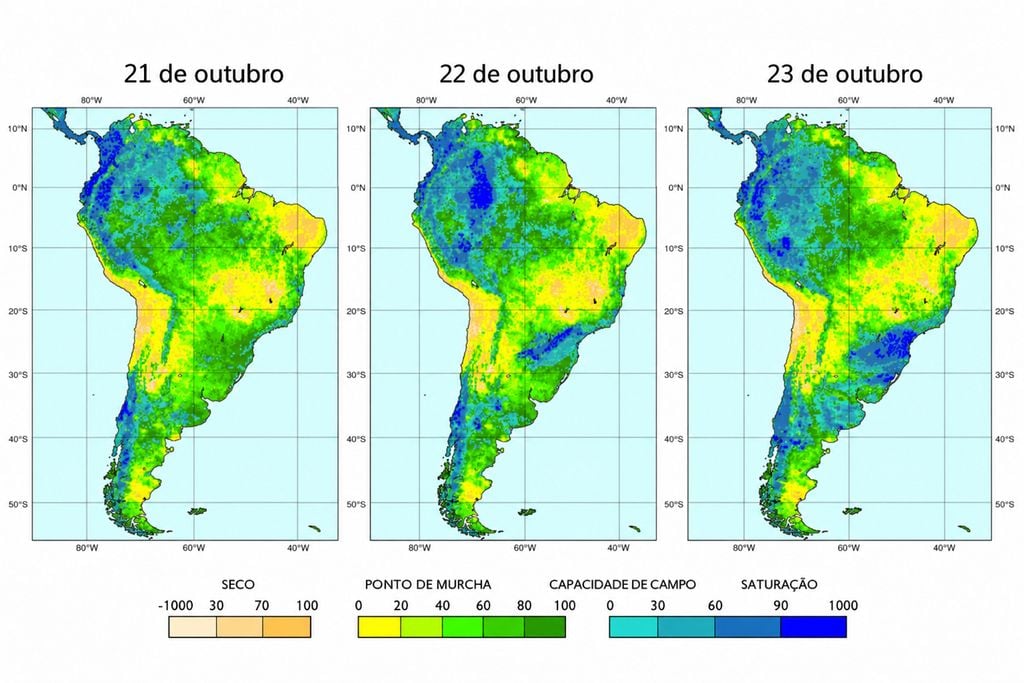 solo, umidade, campo Previsão de umidade do solo entre 21 e 23 de outubro, com baixa disponibilidade hídrica persistente em partes do Maranhão, Piauí, Tocantins e oeste da Bahia.