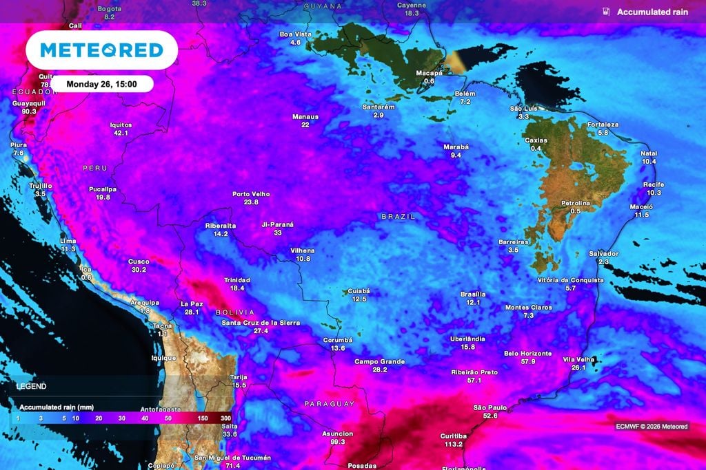 chuva, acumulado Previsão de chuva acumulada até segunda-feira (26), às 15h.