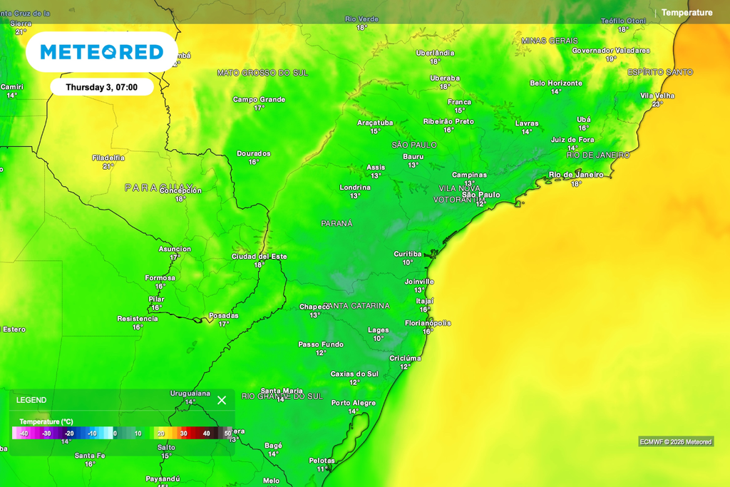 Temperatura, anomalia, ar frio Previsão de temperatura para as 7h de quinta-feira (3).