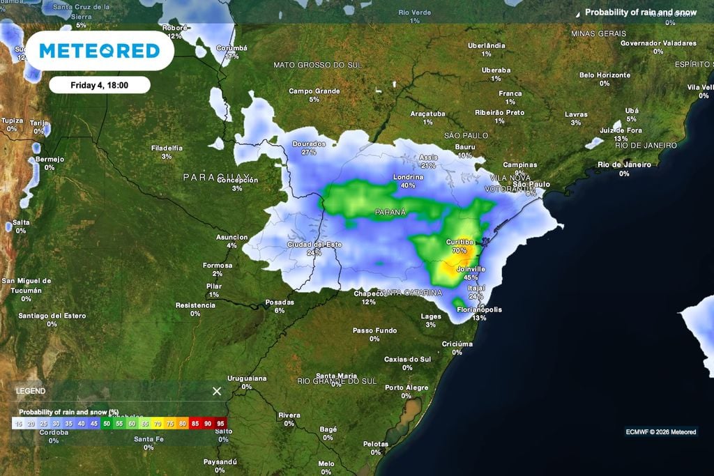 chuva, previsão, alerta Previsão de probabilidade de chuva para as 18h de sexta-feira (4).