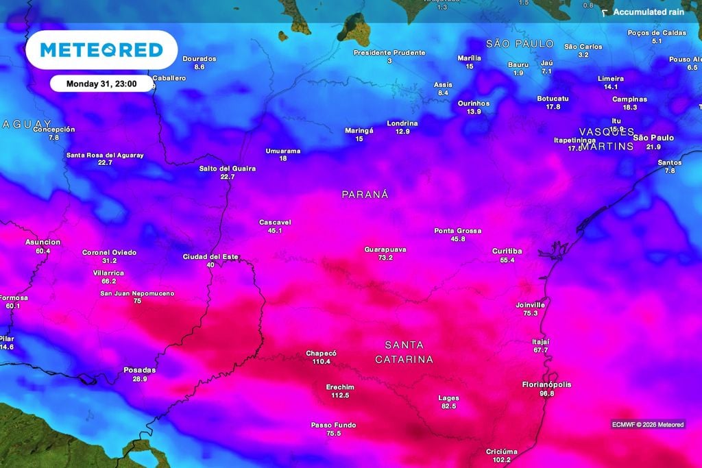 anomalia, chuva, previsão Previsão de chuva acumulada até as 23h de segunda-feira (31).