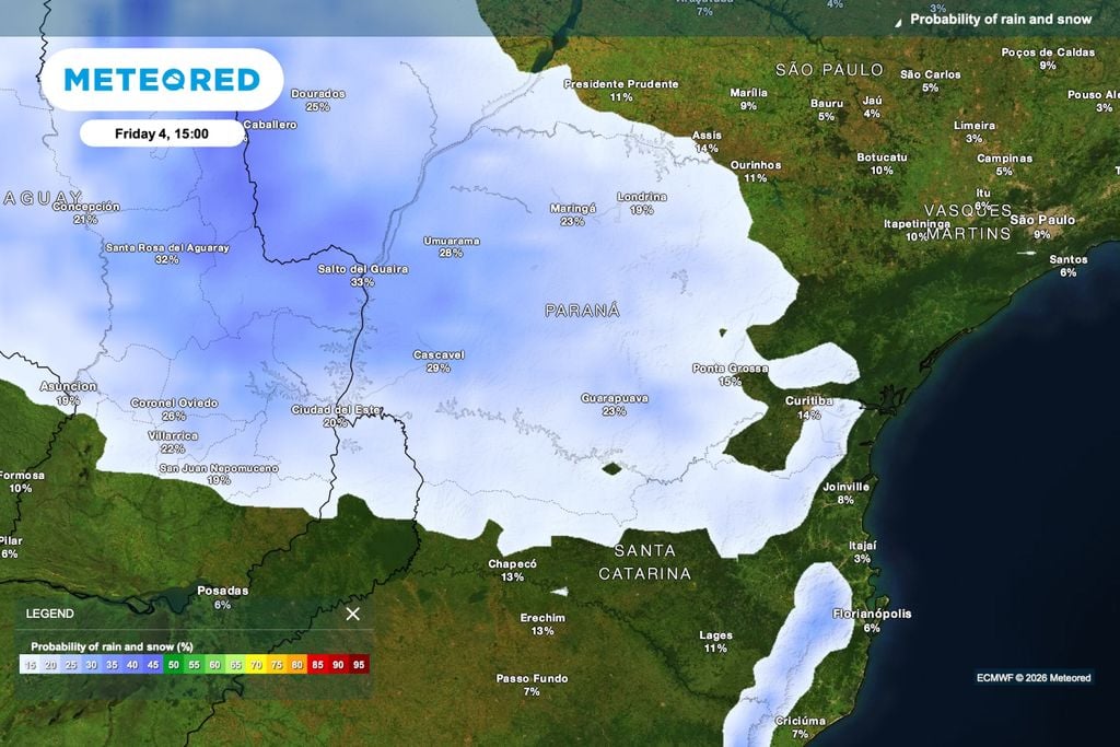 chuva, paraná, sudeste, sul Previsão de probabilidade de chuva para as 15h de sexta-feira (4).