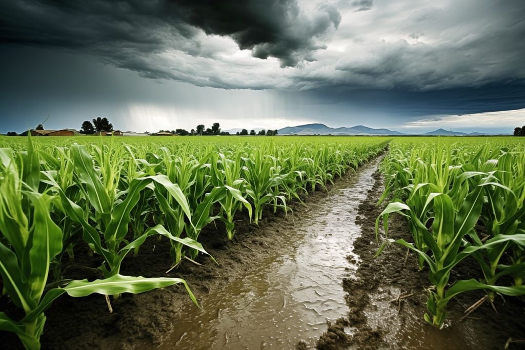 Milho em fase de enchimento de grãos sob chuva intensa: excesso de umidade pode causar encharcamento, dificultar manejo e aumentar risco de doenças foliares.