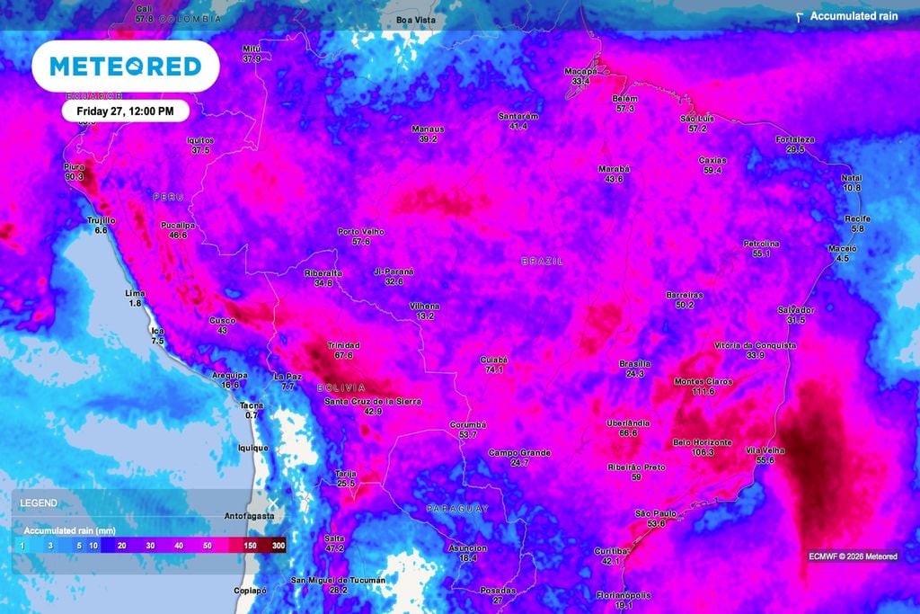 Chuva acumulada (mm) prevista até sexta-feira, 27, 12h, segundo modelo ECMWF: volumes elevados no Sudeste e Centro-Oeste indicam risco de temporais e alagamentos.