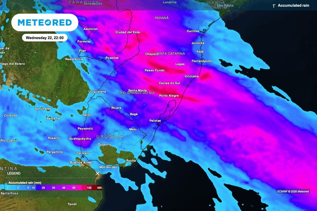 chuva, pomares, acumulado A chuva acumulada supera 100 mm em grande parte do Rio Grande do Sul até quarta-feira (22), mantendo elevados o molhamento dos pomares e o risco de encharcamento.