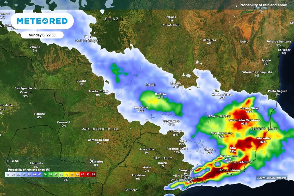 umidade, chuva Probabilidade de chuva aumenta em Goiás na noite de domingo (6), alcançando 47% em Goiânia e 32% em Rio Verde.