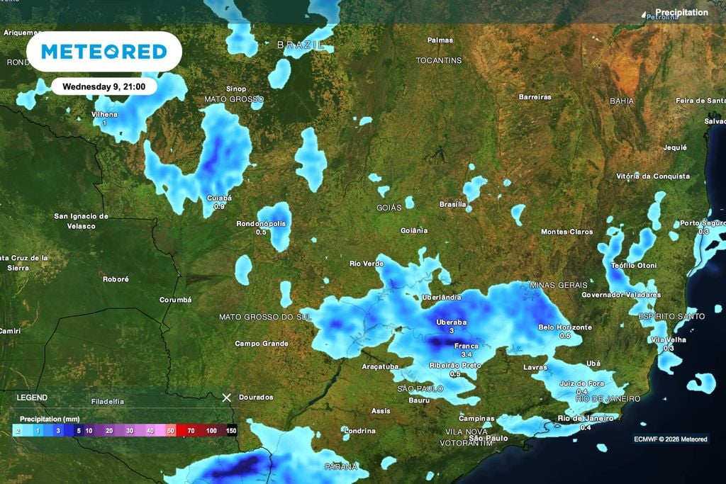 chuva, GO, Goiás Previsão de precipitação indica chuva fraca e irregular em Goiás na noite de quarta-feira (9).