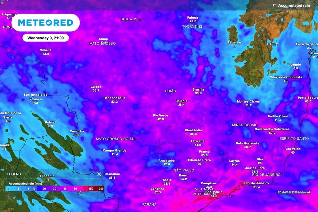 Chuva, colheita, trigo, milho, feijão Previsão de chuva acumulada até quarta-feira (9).