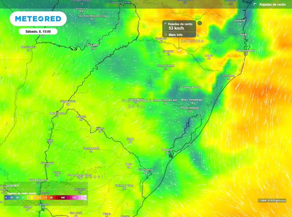 Rajadas de vento. Previsão de rajadas de vento para o RS na tarde deste sábado (8). Modelo ECMWF, indica ventos superiores a 50 km/h no norte do estado.