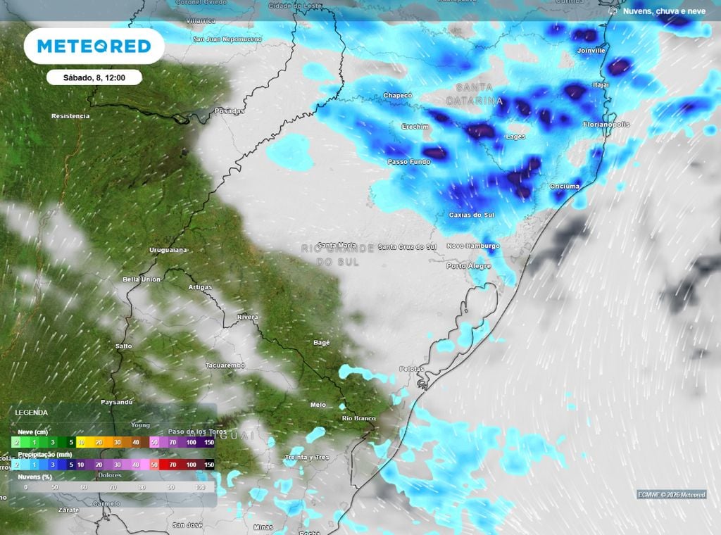 Nuvens e chuva. Previsão de nebulosidade e precipitação para o RS neste sábado (8). Chuvas se concentram no extremo norte do estado.