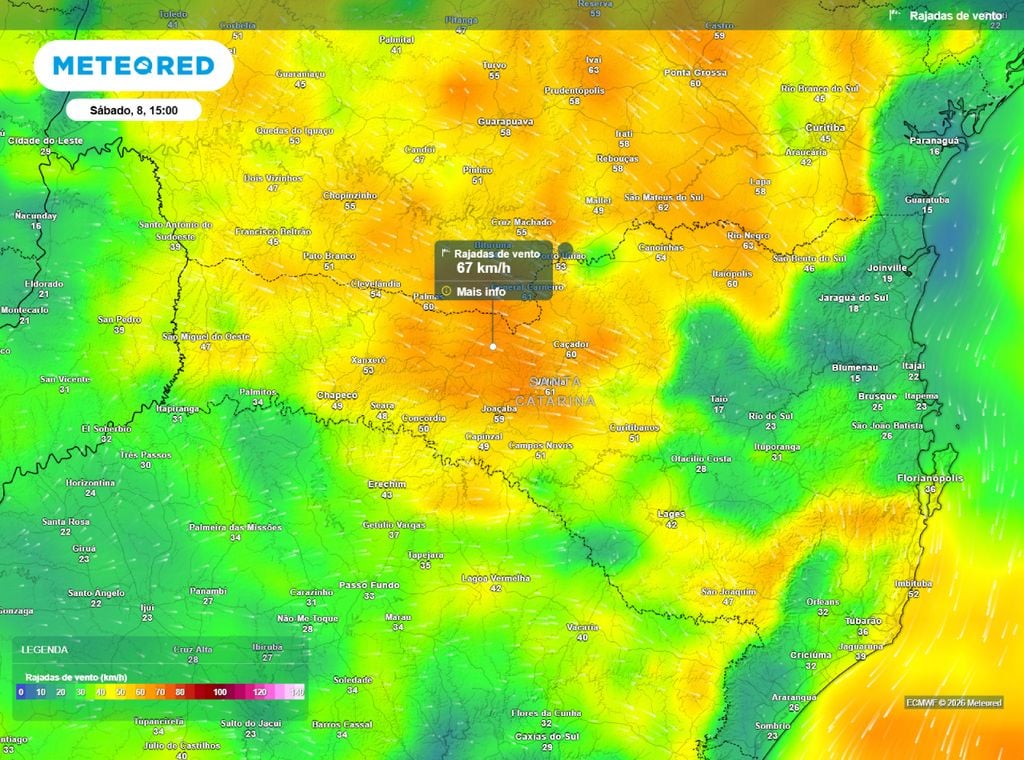 Vento em SC. Rajadas de vento superam os 60 km/h na tarde deste sábado em áreas de SC.