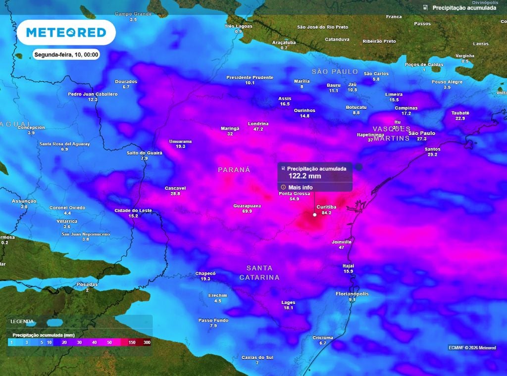 Precipitação acumulada. Mapa de precipitação acumulada para o Sul do Brasil até o final da noite de domingo (9). Modelo ECMWF indica volumes acima de 100 mm próximos a Curitiba/PR.
