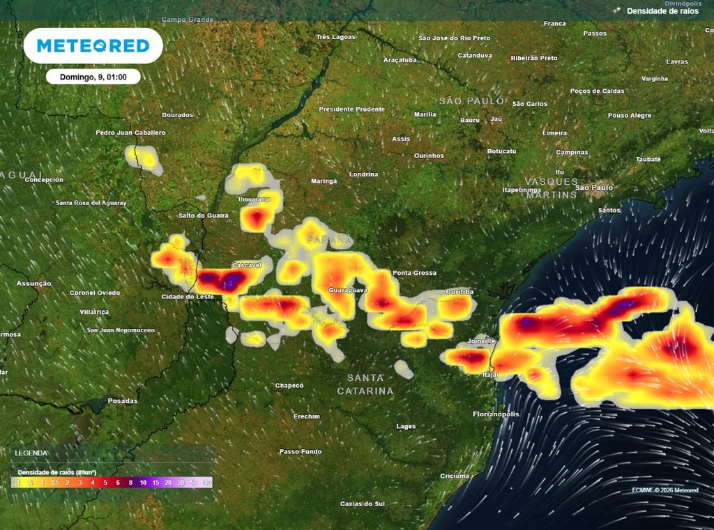 Mapa de densidade de raios. Mapa mostra áreas propícias a tempestades na madrugada de domingo (9).