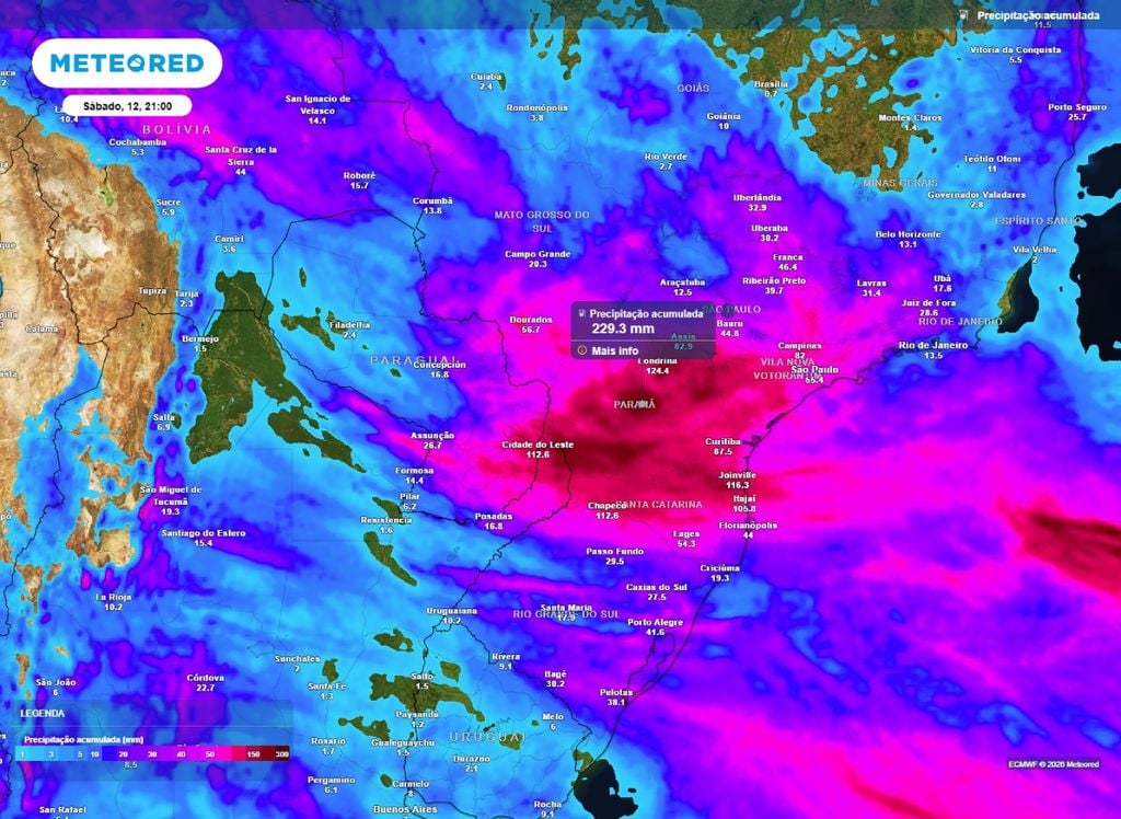 Modelo ECMWF mostra acumulados expressivos sobre o PR e SC até o final da noite de sábado (12).