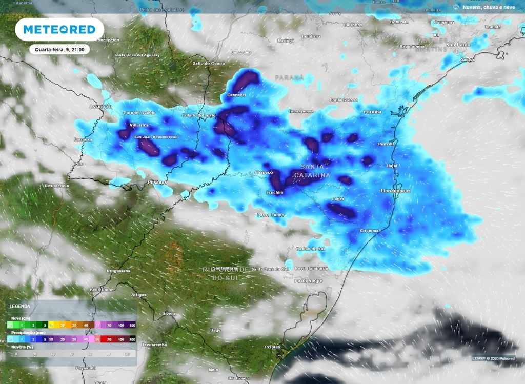 Modelo ECMWF prevê chuvas intensas na tarde de hoje (9) sobre o Sul do Brasil.