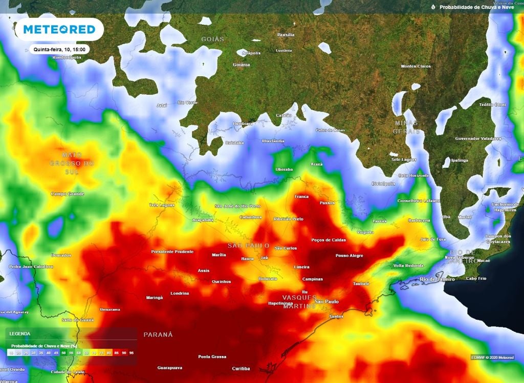 Mapa de probabilidade de precipitação na tarde desta quinta-feira (10).