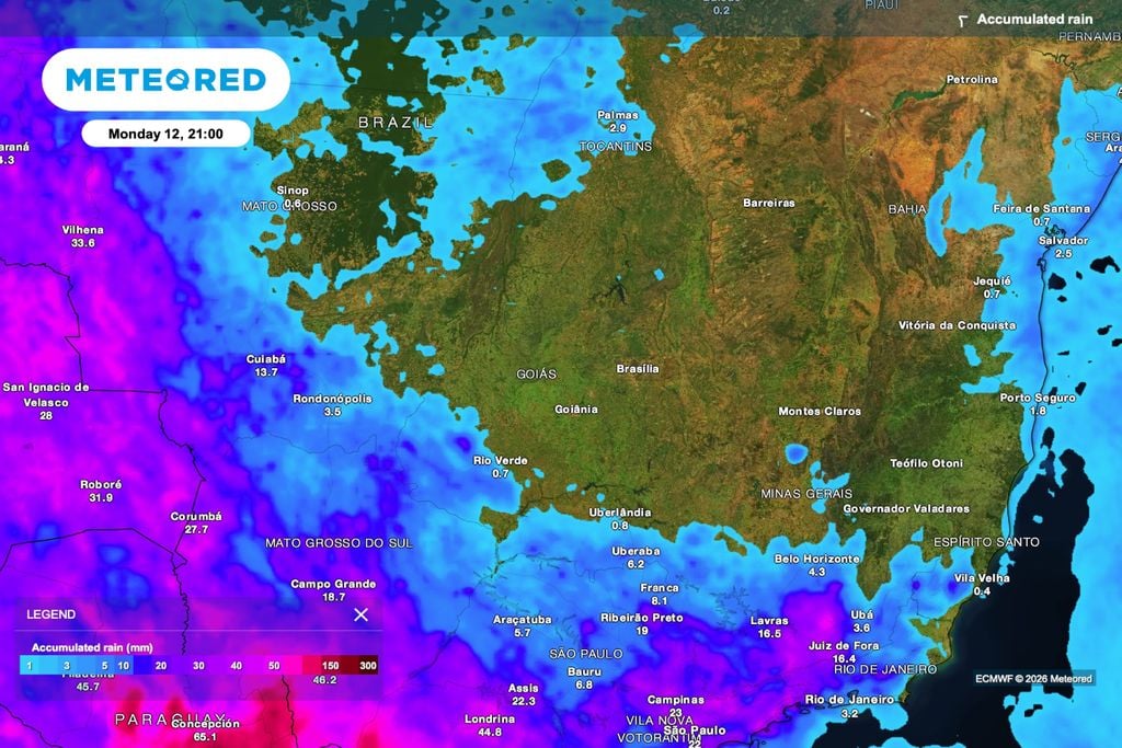 chuva, semeadura, Goiás Previsão de chuva acumulada até segunda-feira (12), às 21h.