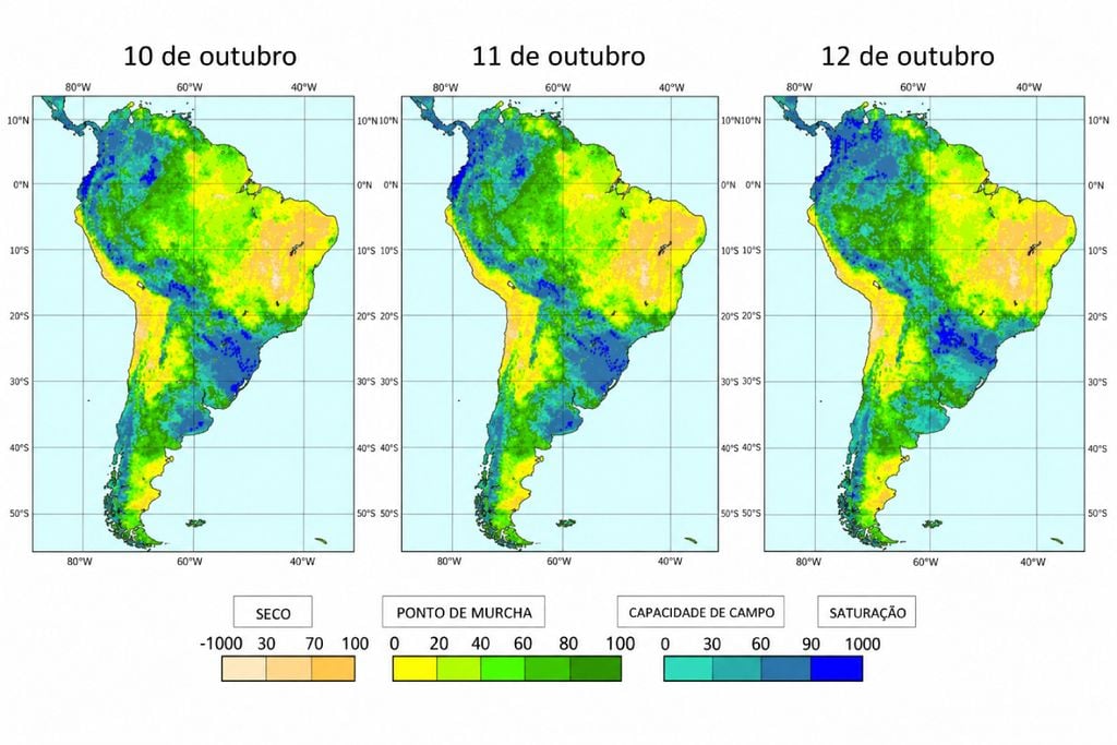 solo, umidade Previsão de umidade do solo para 10, 11 e 12 de outubro. Fonte: ECMWF.