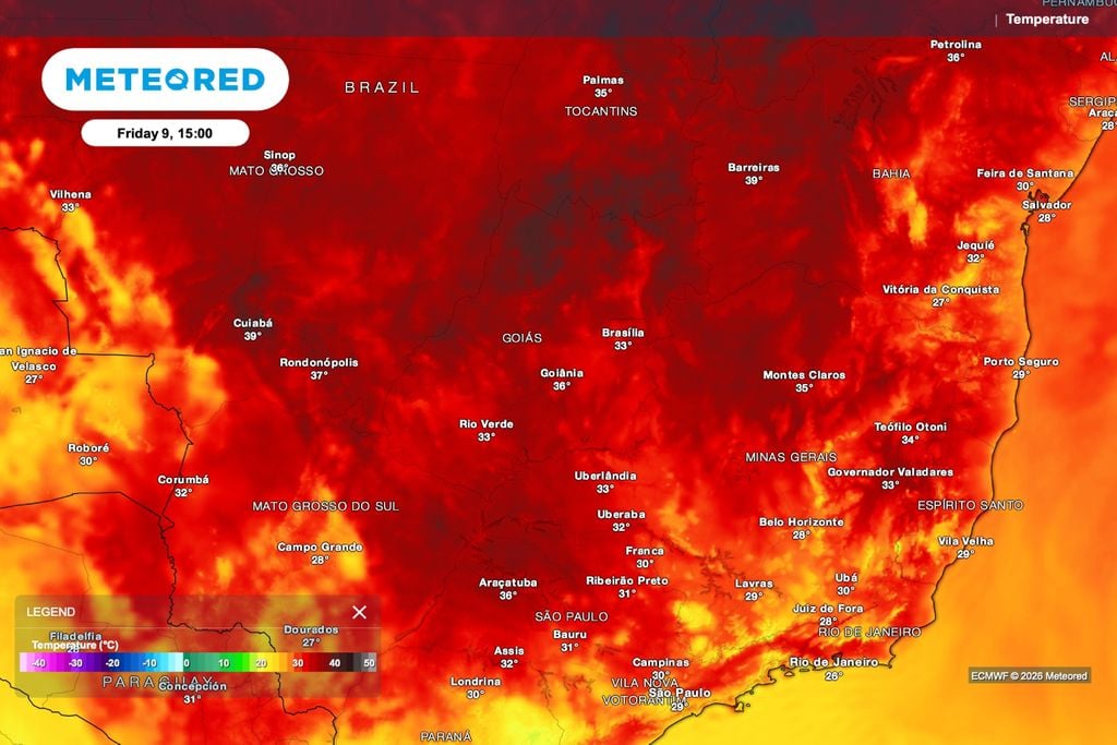 calor, Goiás, semeadura Previsão de temperatura para sexta-feira (09), às 15h, com calor no centro de Goiás e 34°C em Brasília.
