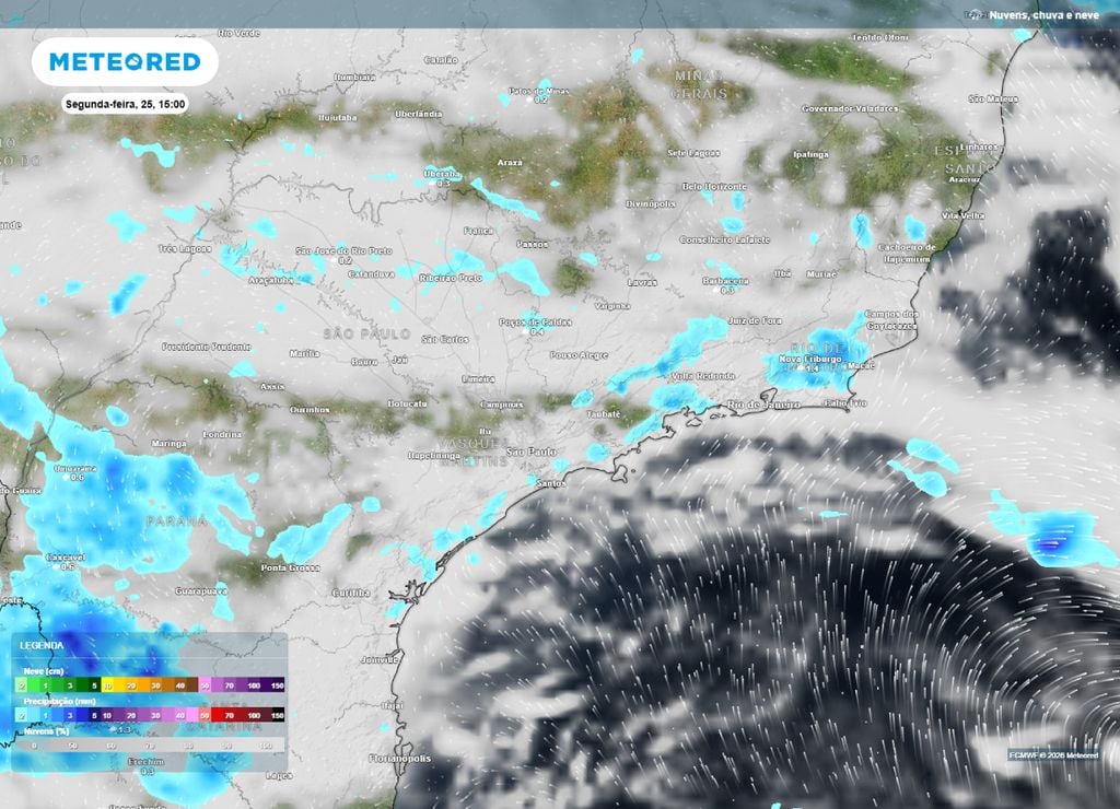 chuvas em São Paulo e Rio de Janeiro Previsão de chuva e nebulosidade para a tarde da segunda-feira, 25 de maio.
