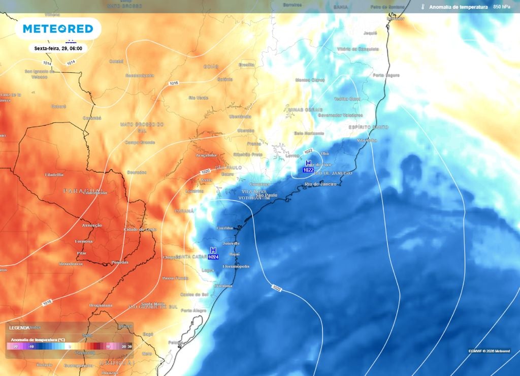 massa de ar polar Previsão de anomalia de temperatura em 850 hPa para a madrugada da sexta-feira, 29 de maio. Variável realça o ar frio atuando sobre o leste de São Paulo e sobre o Rio de Janeiro.