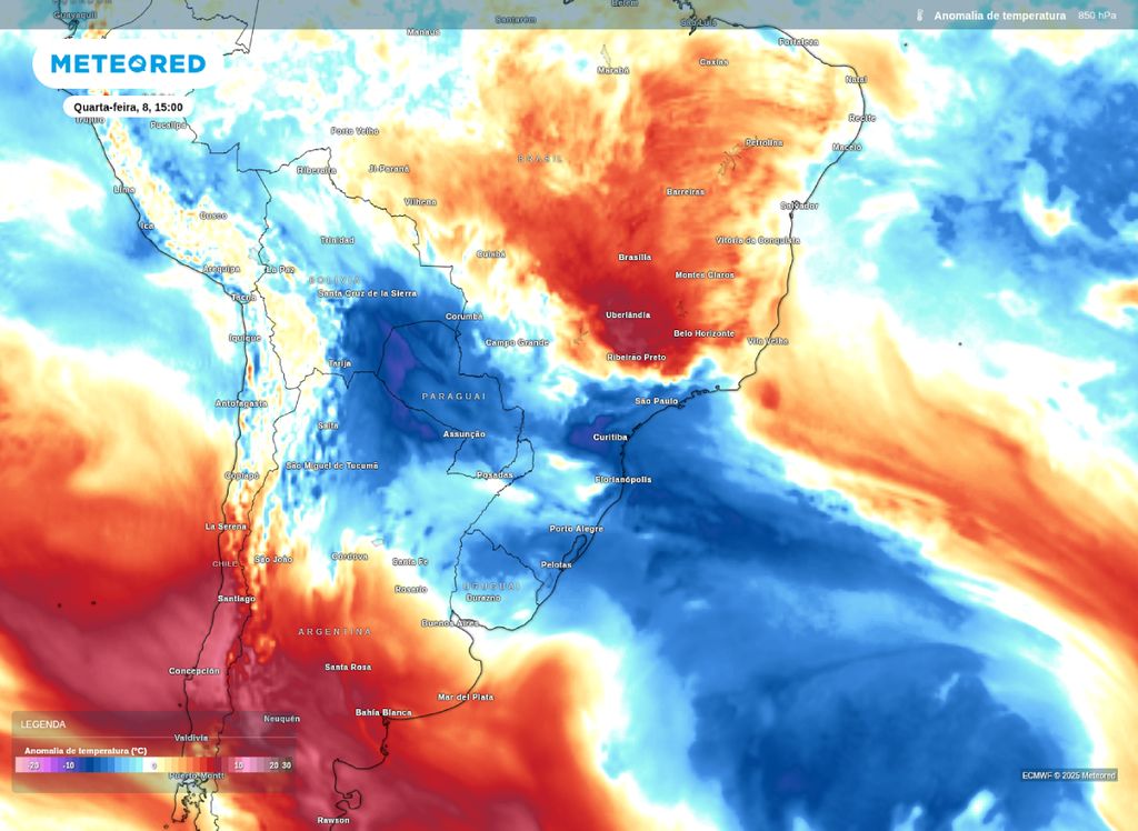 Anomalia de temperatura em 850 hPa sobre o centro-sul do Brasil. Anomalia de temperatura em 850 hPa sobre o centro-sul do Brasil.