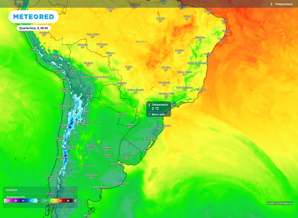Temperatura mínima prevista para o Brasil durante a manhã desta quarta-feira (8). Temperatura mínima prevista para o Brasil durante a manhã desta quarta-feira (8).
