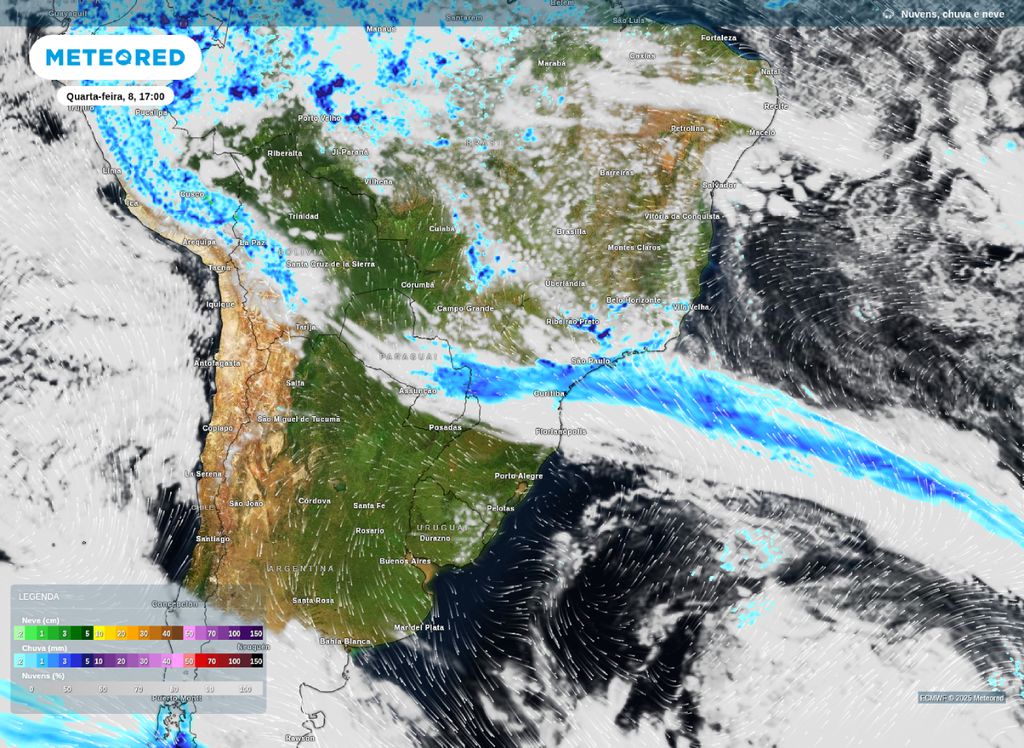 Previsão de precipitação para a tarde desta quarta-feira (8). Previsão de precipitação para a tarde desta quarta-feira (8).